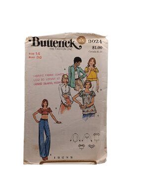 Butterick 3024 Vintage Sewing Pattern Misses Tops Size 10 or 14 Bust 36 Semi-Fit